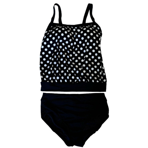 Lands End Swimsuit 6 D Black & White Polka Dot Blouson Tankini Top/Bottoms - Picture 1 of 6